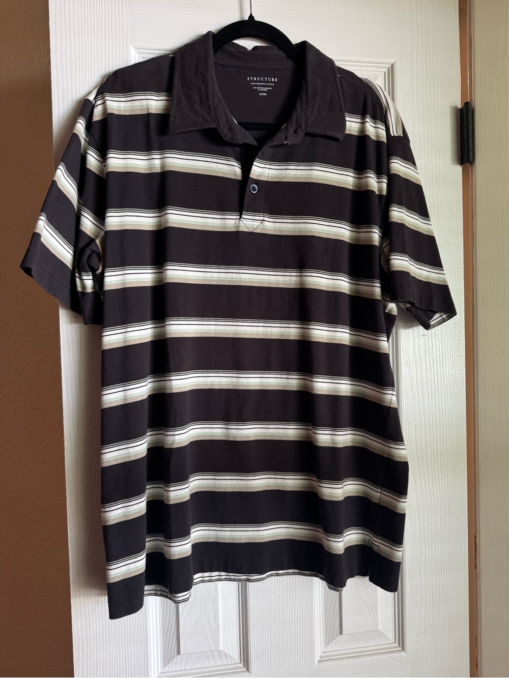 Structure Men's Black Polo with Cream Stripes